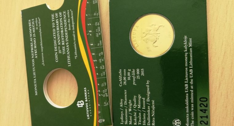 5 Euru moneta Lietuvos nepriklausomybes 25-meciui su bankine pakuote